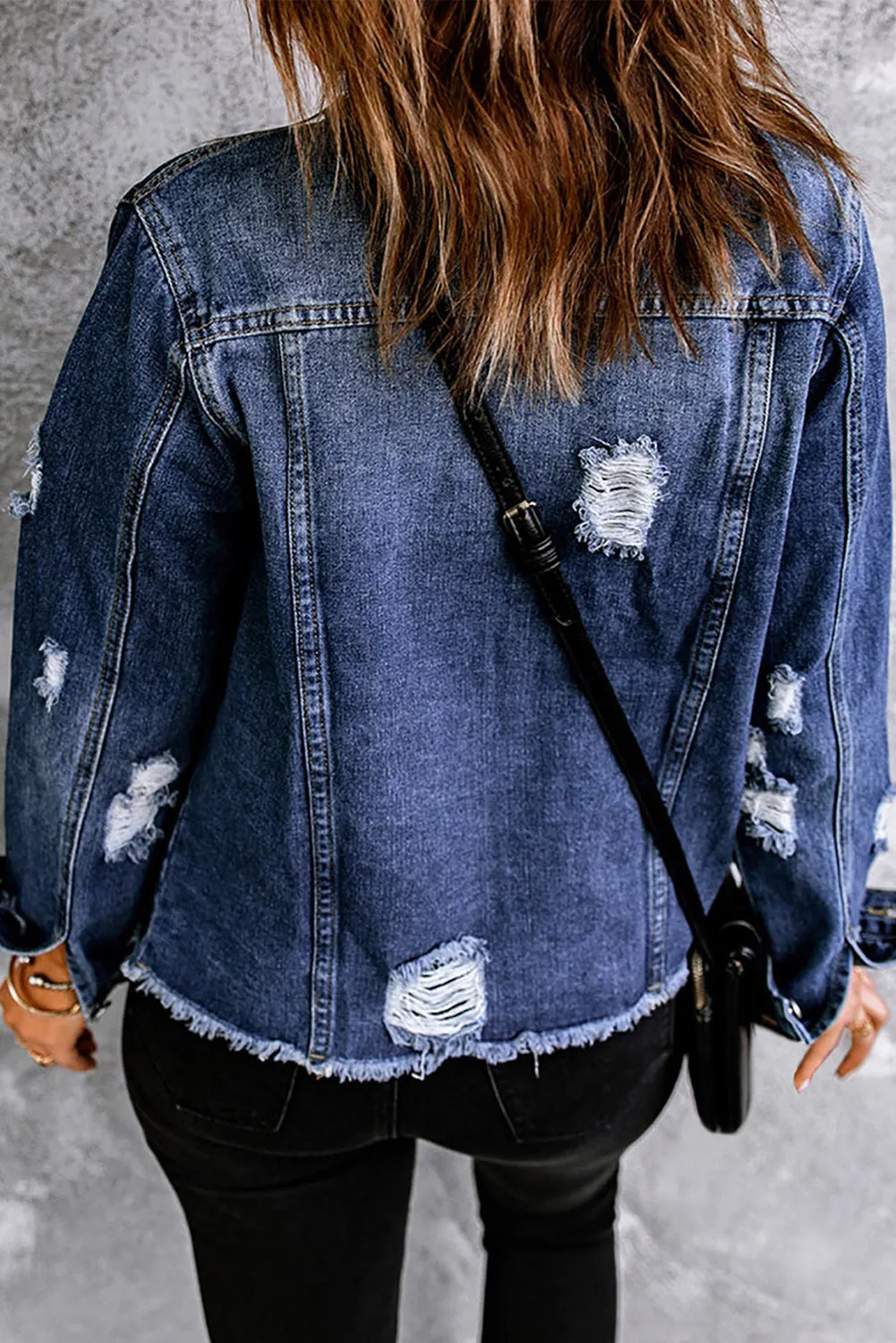 Pattern Print Splicing Distressed Denim Jacket