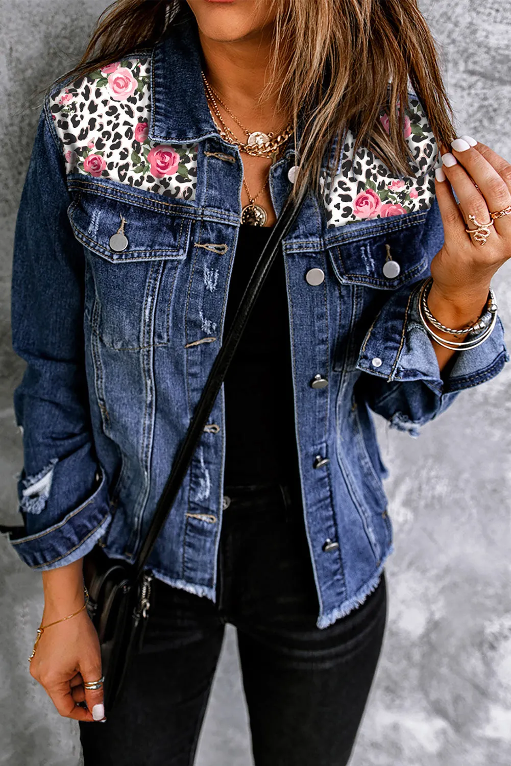 Pattern Print Splicing Distressed Denim Jacket