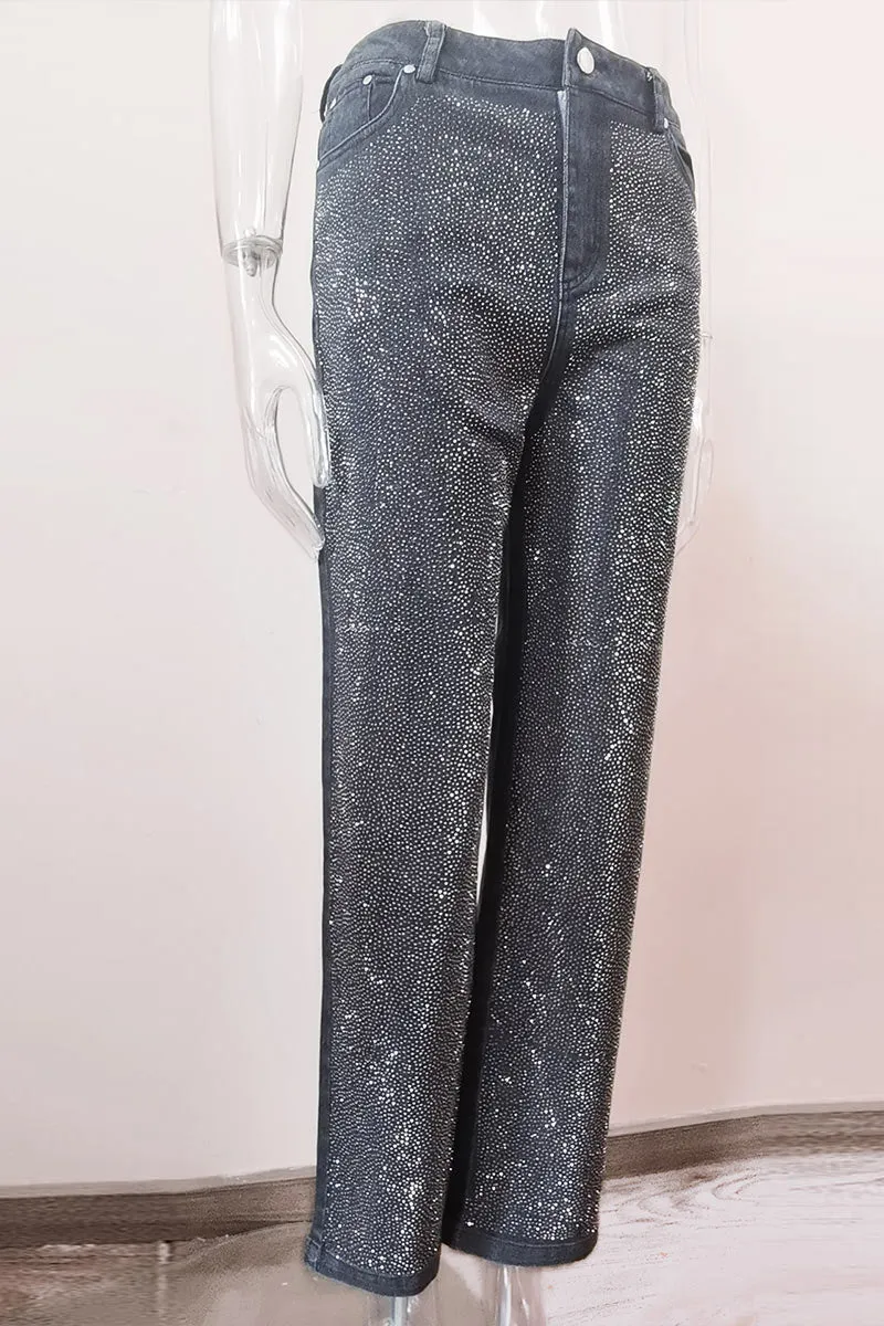 PM0283 Rhinestones Straight Leg Jeans