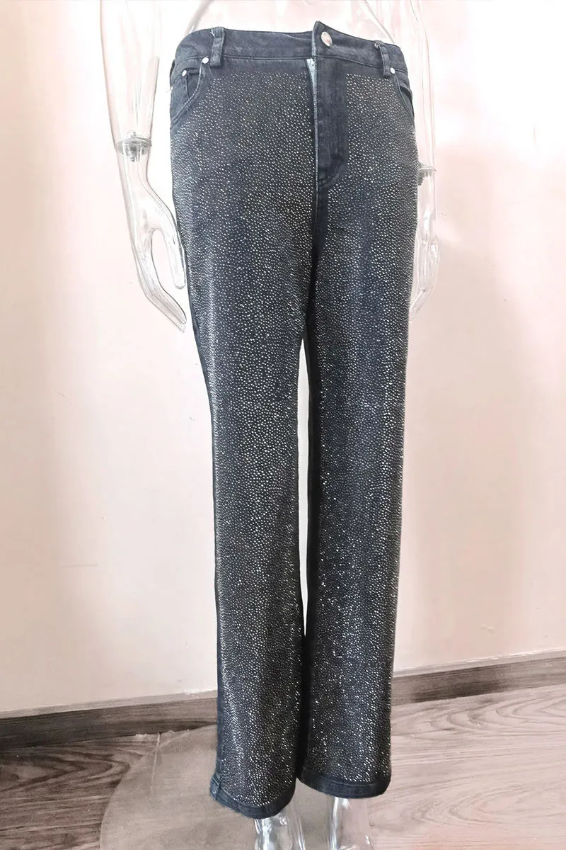 PM0283 Rhinestones Straight Leg Jeans