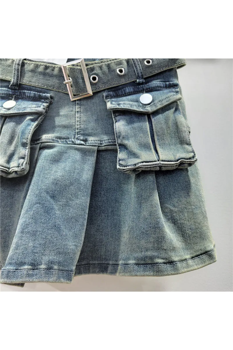 QK0692 Distressed Denim Mini Skirt