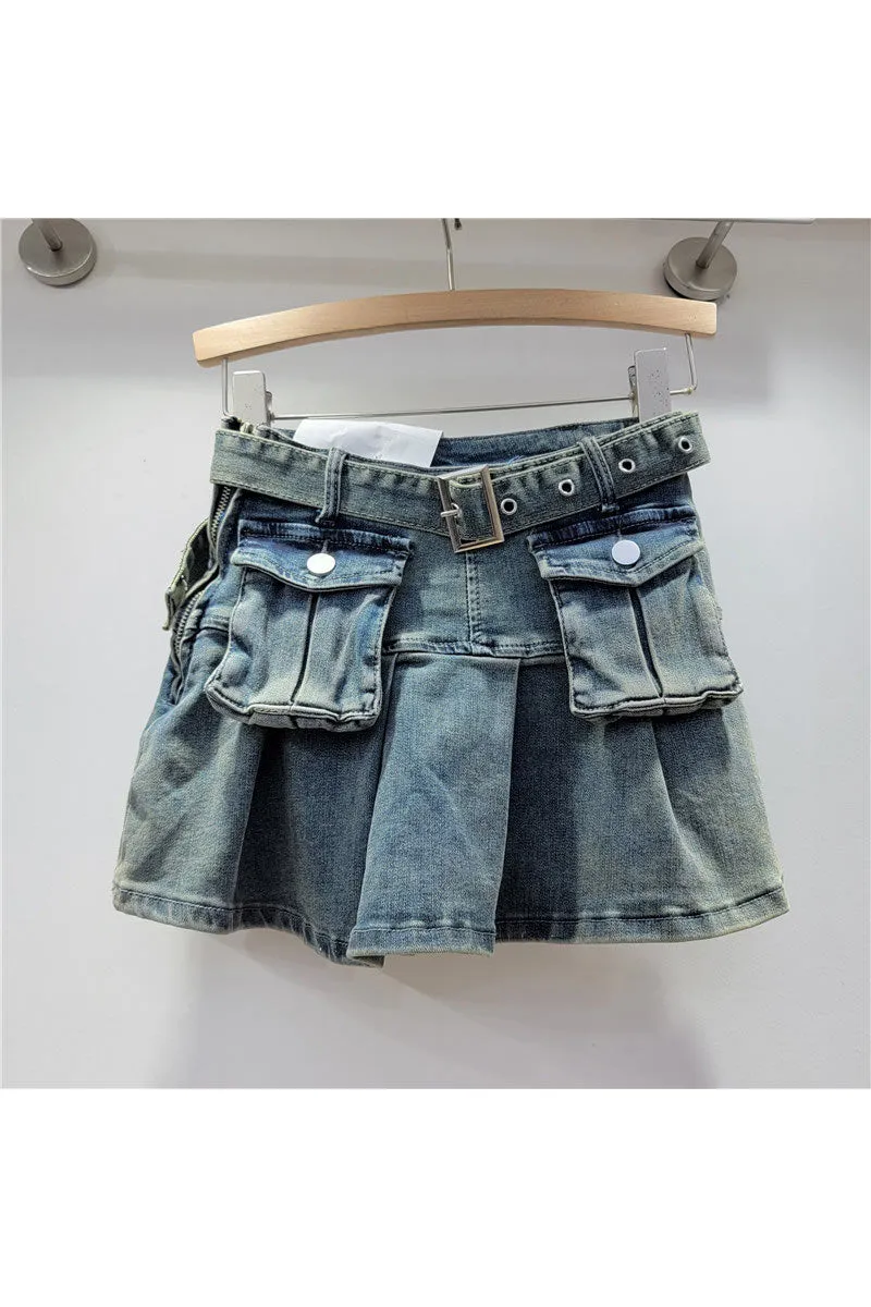 QK0692 Distressed Denim Mini Skirt