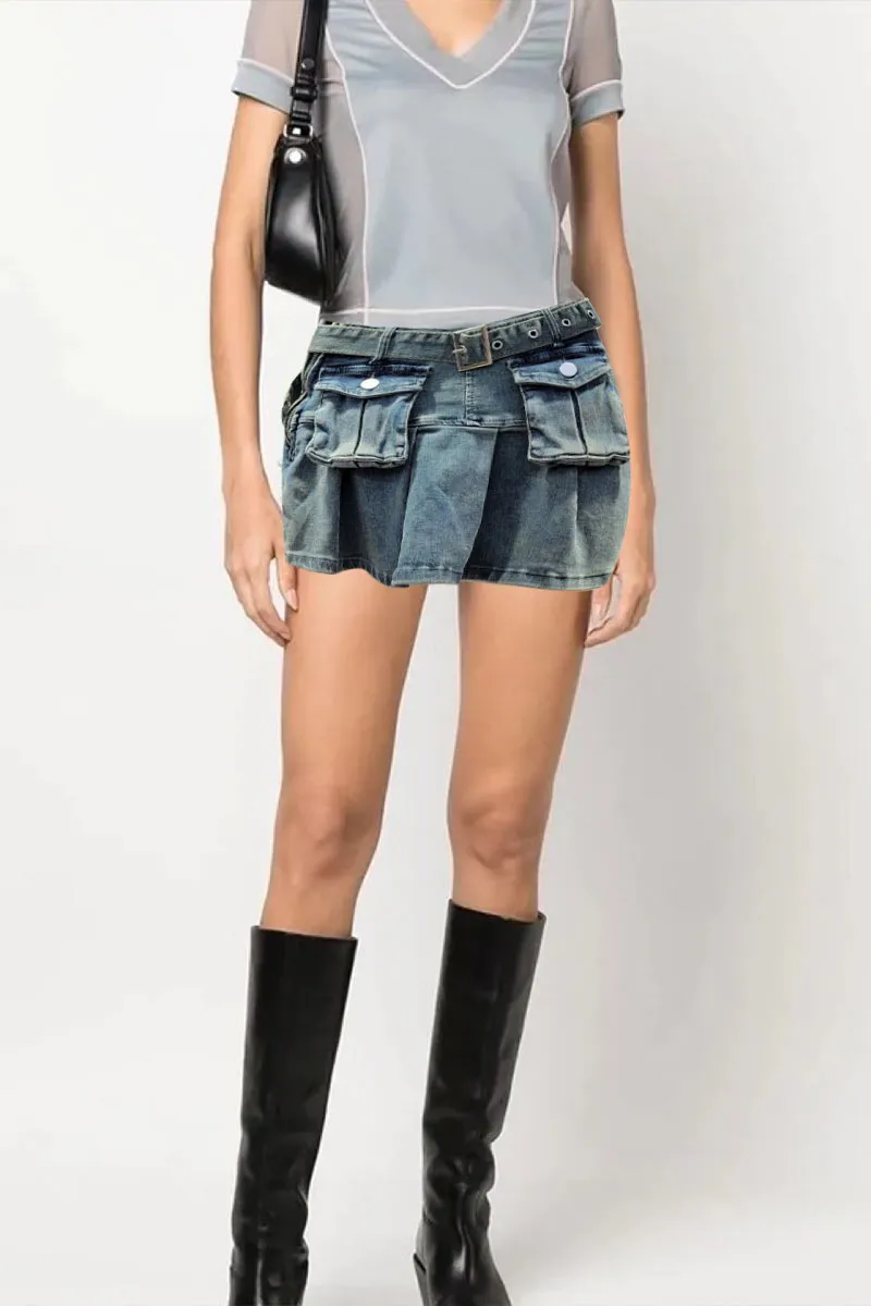 QK0692 Distressed Denim Mini Skirt