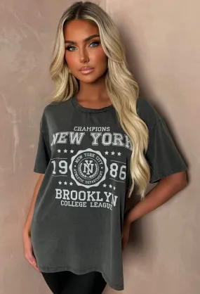 Rock Babe Grey New York Slogan Acid Wash T-Shirt