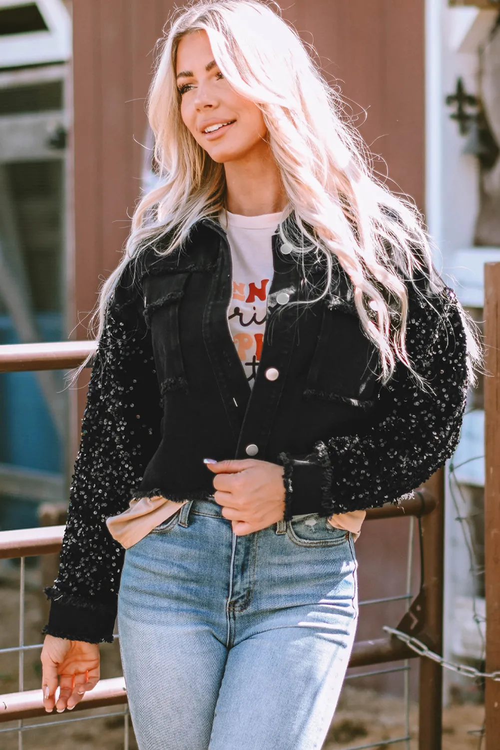 Sequin Raw Hem Denim Jacket