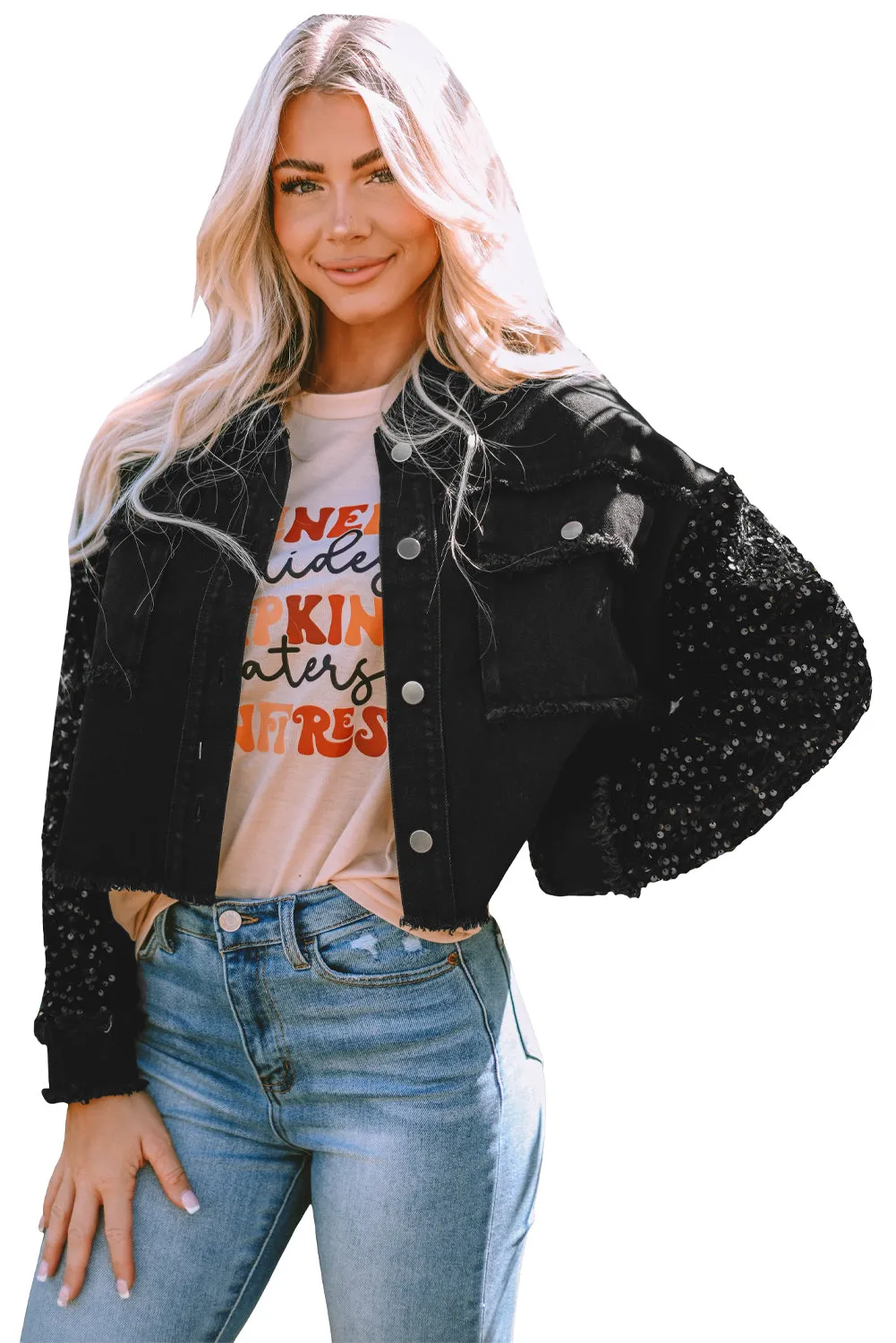 Sequin Raw Hem Denim Jacket