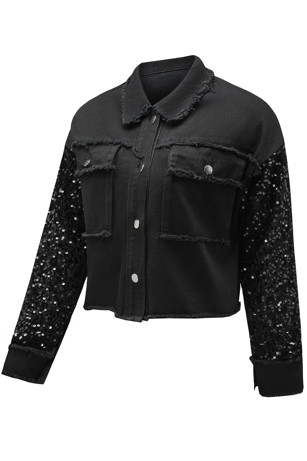 Sequin Raw Hem Denim Jacket