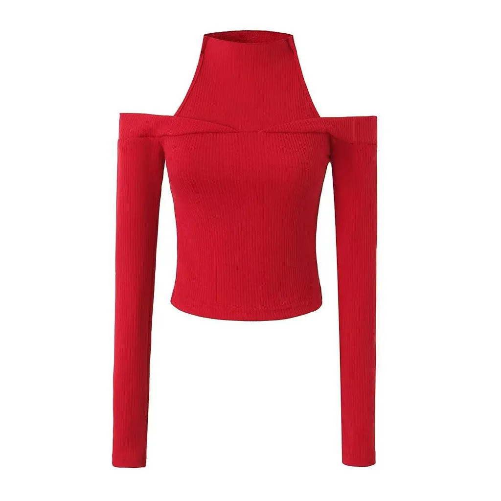 Sexy High Neck Cold Shoulder Long Sleeve Ribbed Knit Pullover Sweater