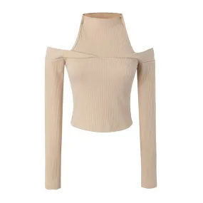 Sexy High Neck Cold Shoulder Long Sleeve Ribbed Knit Pullover Sweater