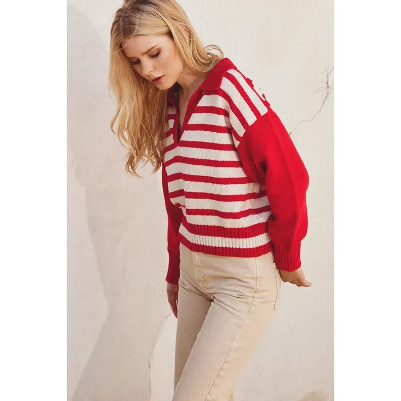 Solid and Striped Collared Sweater MALIBU RED