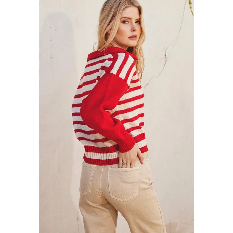 Solid and Striped Collared Sweater MALIBU RED