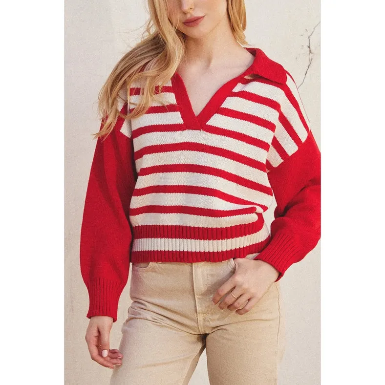 Solid and Striped Collared Sweater MALIBU RED