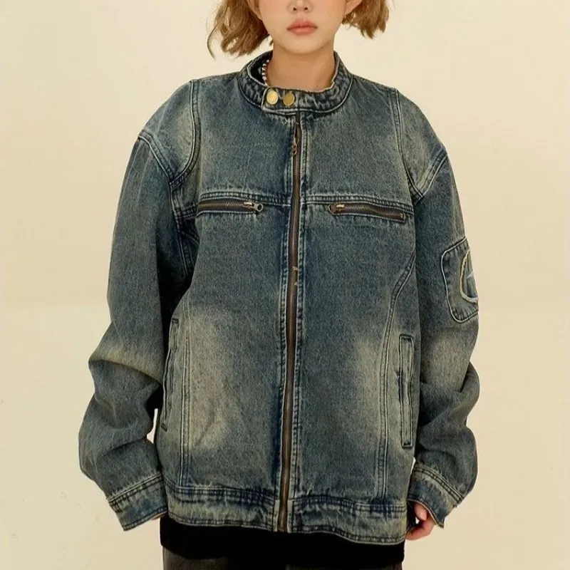 Wenkouban-Winter outfits Christmas Button-Up Collar Zipper Pockets Denim Oversized Jacket