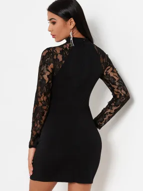 Wholesale Black Crew Neck Long Sleeve Lace Zip Back Cut Out Bodycon Mini Dress