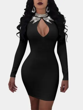 Wholesale Black Crew Neck Long Sleeve Plain Zip Back Sequins Embellished Mini Dresses