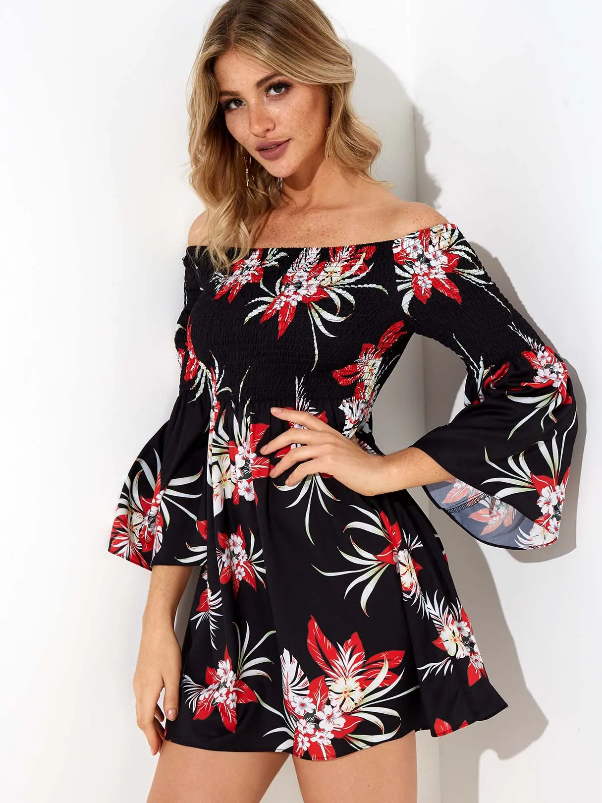 Wholesale Black Off The Shoulder 3/4 Length Sleeve Floral Print Mini Dress