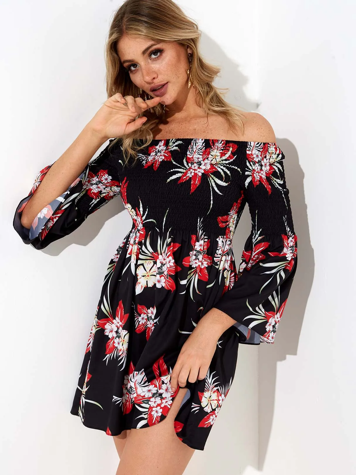 Wholesale Black Off The Shoulder 3/4 Length Sleeve Floral Print Mini Dress