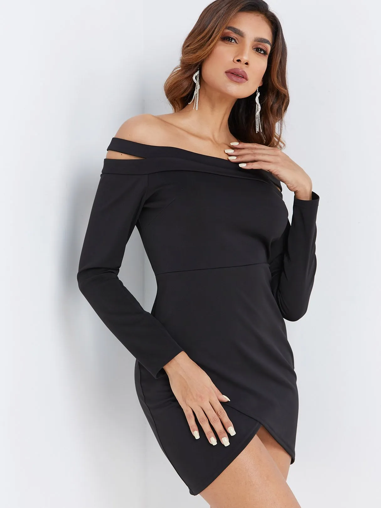 Wholesale Black Off The Shoulder Long Sleeve Plain Crossed Front Zip Back Cut Out Wrap Mini Dress