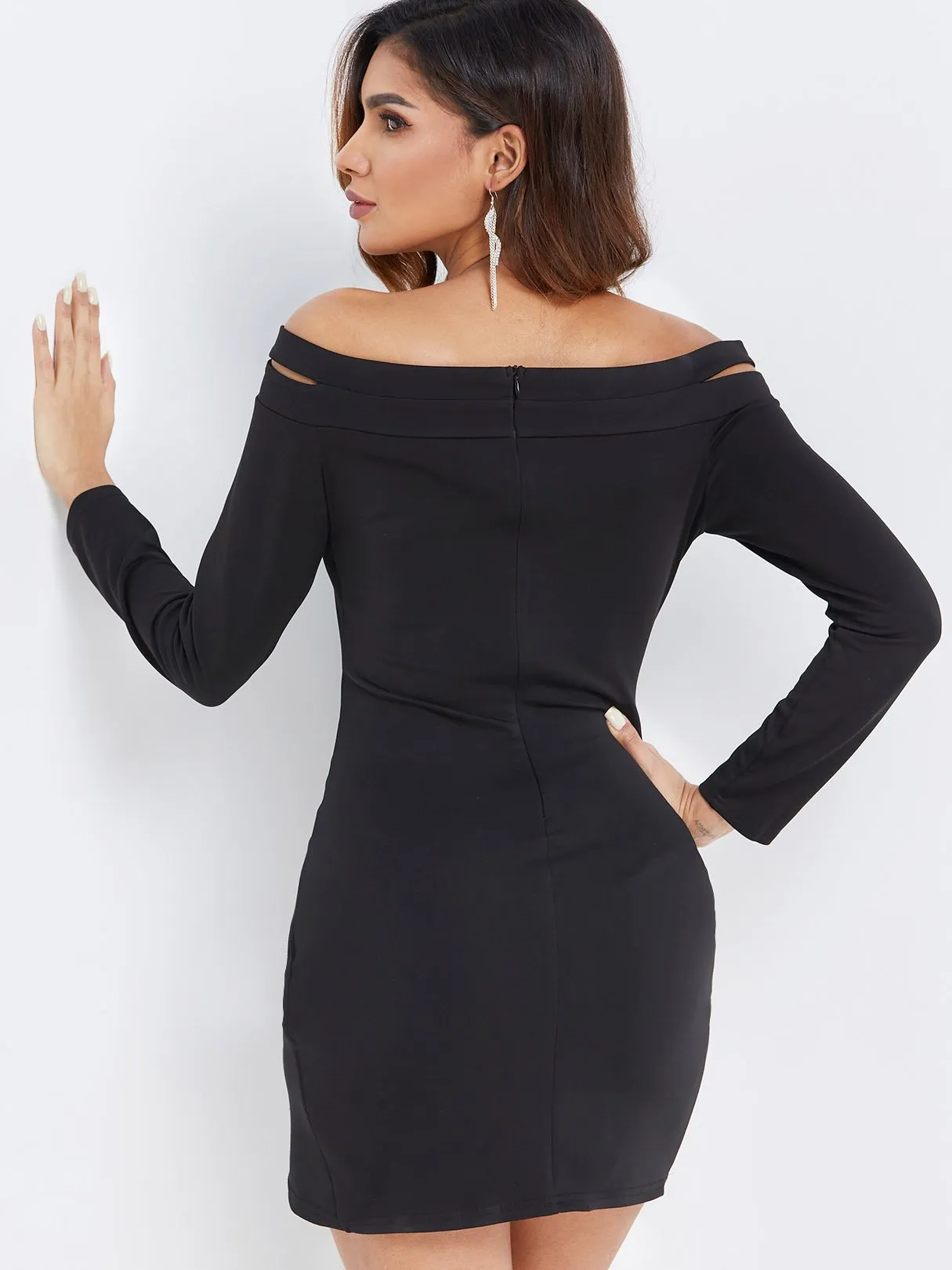 Wholesale Black Off The Shoulder Long Sleeve Plain Crossed Front Zip Back Cut Out Wrap Mini Dress