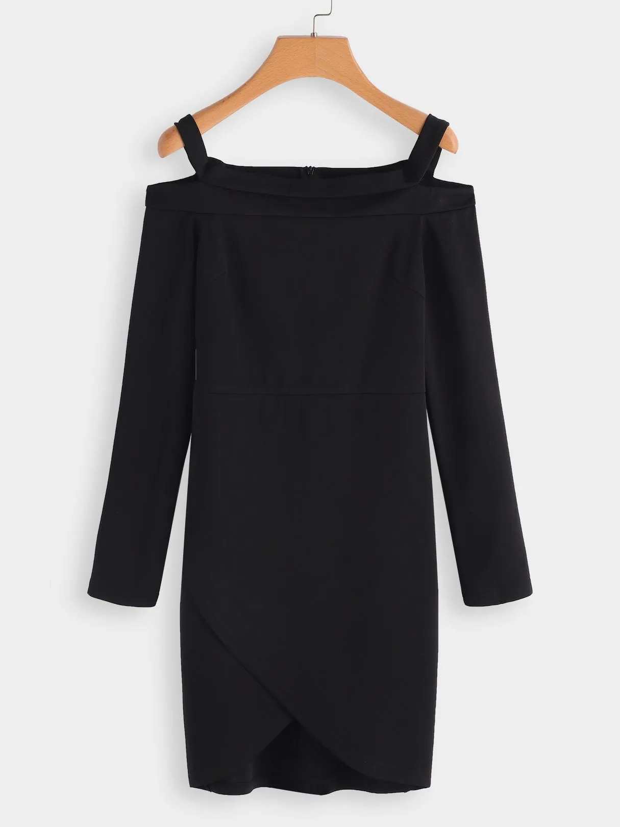 Wholesale Black Off The Shoulder Long Sleeve Plain Crossed Front Zip Back Cut Out Wrap Mini Dress