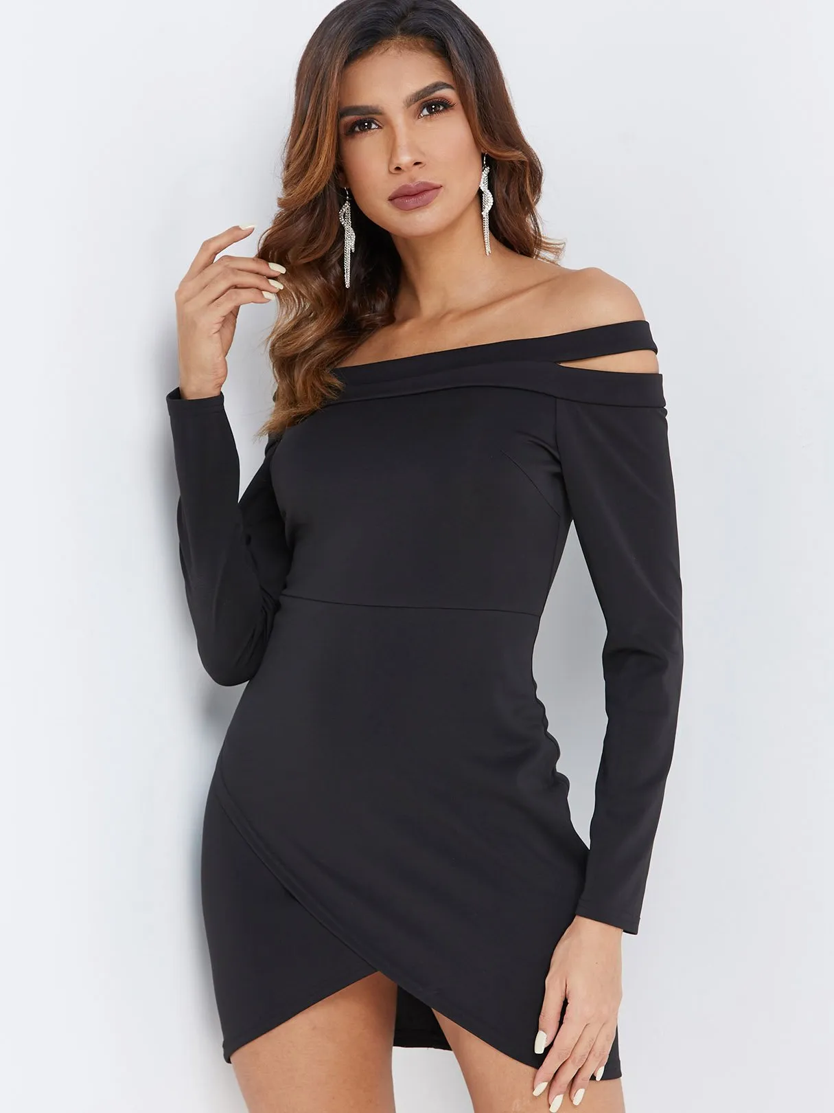 Wholesale Black Off The Shoulder Long Sleeve Plain Crossed Front Zip Back Cut Out Wrap Mini Dress