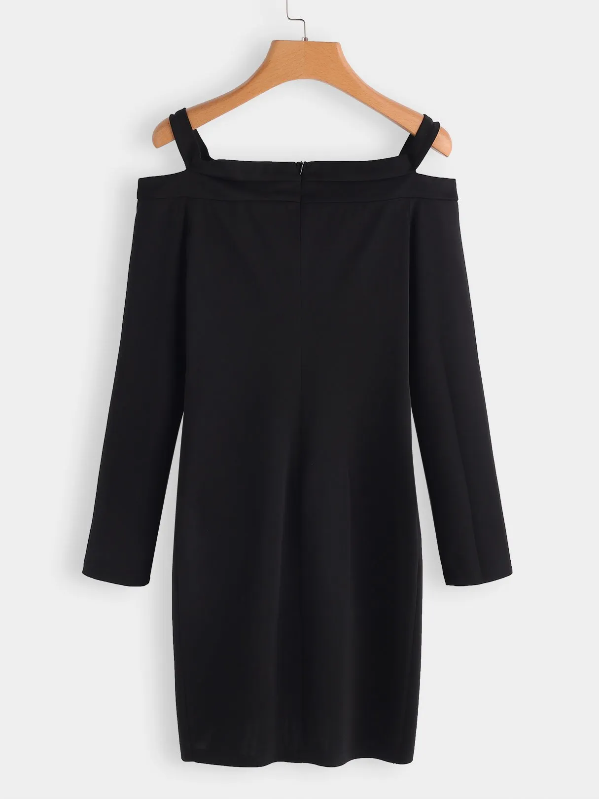 Wholesale Black Off The Shoulder Long Sleeve Plain Crossed Front Zip Back Cut Out Wrap Mini Dress