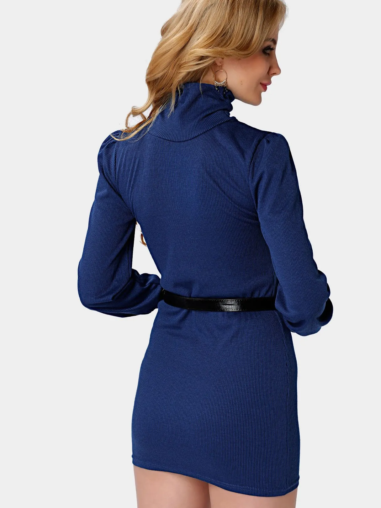 Wholesale Blue Long Sleeve Plain Bodycon Hem Dresses