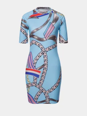 Wholesale Blue Perkins Collar Half Sleeve Printed Bodycon Mini Dresses