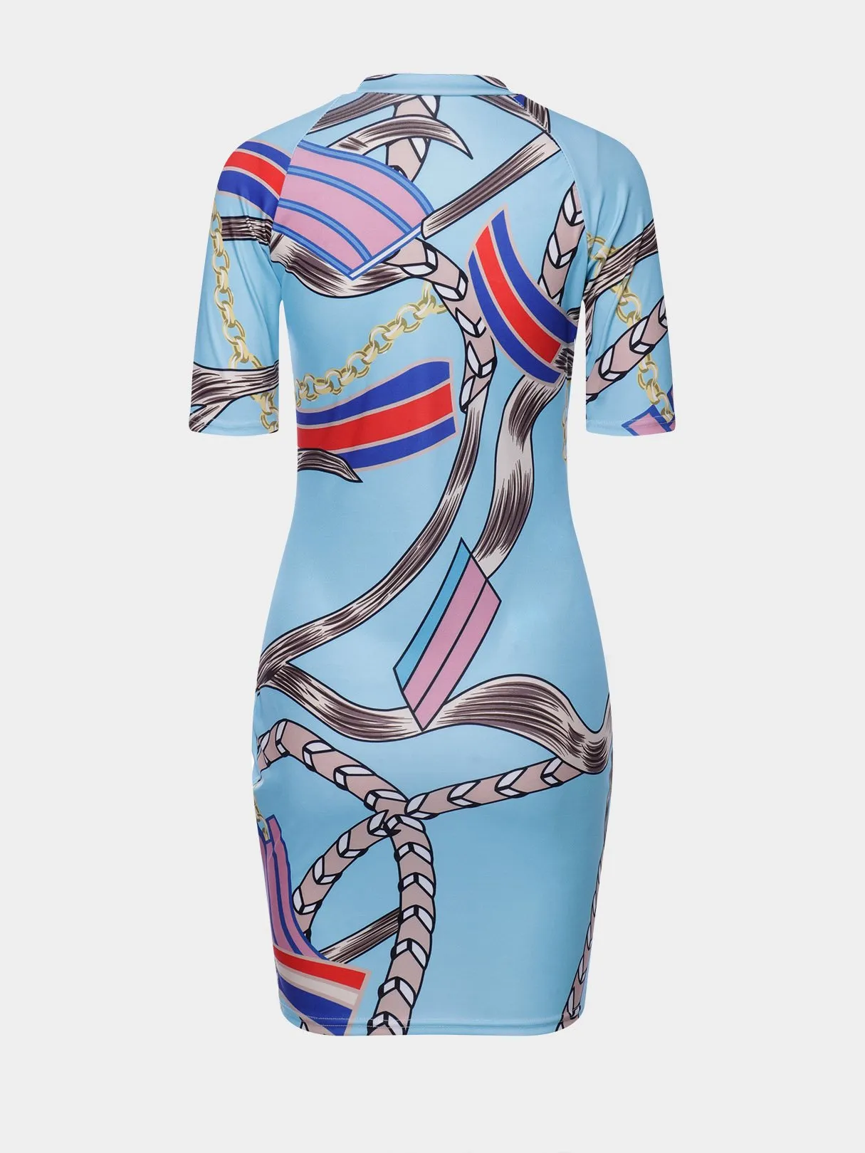 Wholesale Blue Perkins Collar Half Sleeve Printed Bodycon Mini Dresses