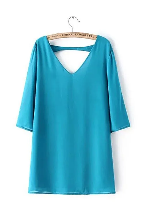 Wholesale Blue V-Neck 3/4 Length Sleeve Mini Dress