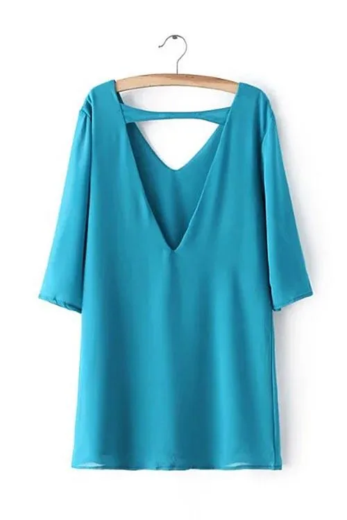 Wholesale Blue V-Neck 3/4 Length Sleeve Mini Dress