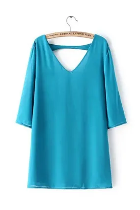 Wholesale Blue V-Neck 3/4 Length Sleeve Mini Dress