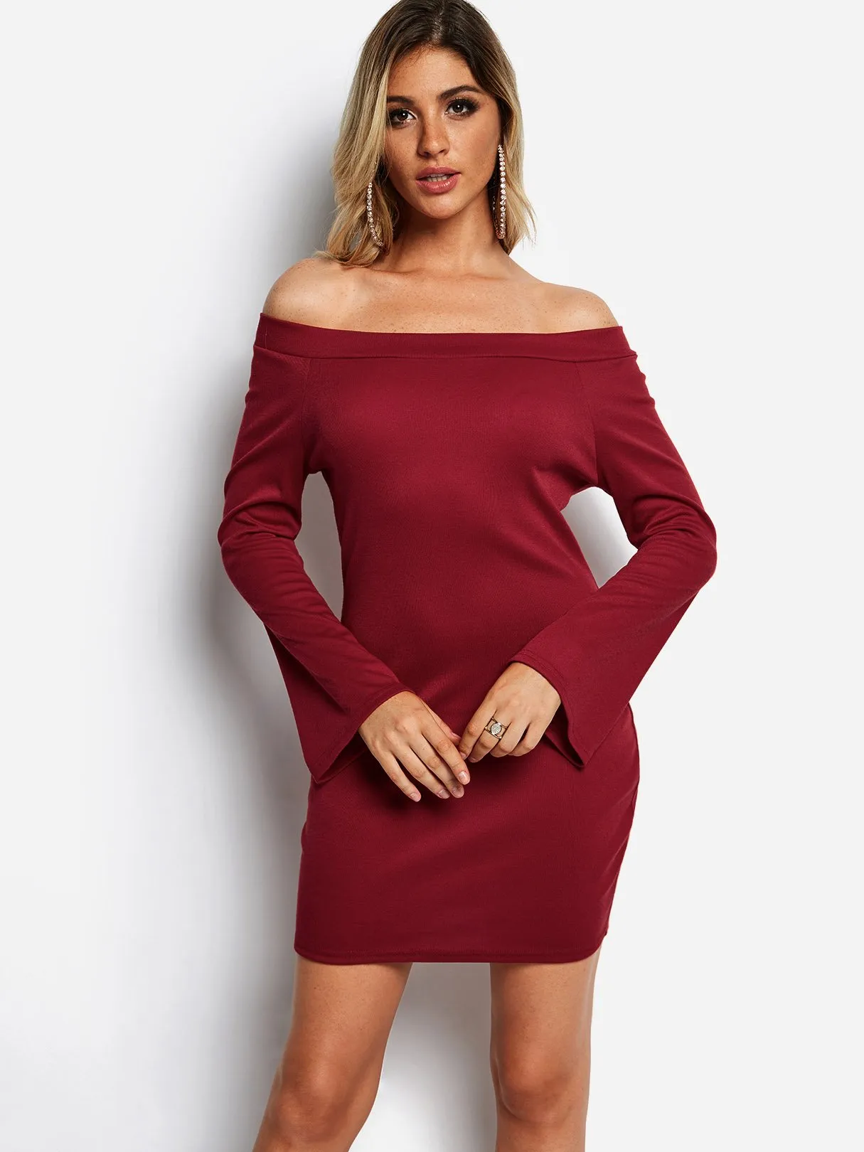 Wholesale Burgundy Off The Shoulder Long Sleeve Plain Bodycon Mini Dresses