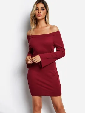 Wholesale Burgundy Off The Shoulder Long Sleeve Plain Bodycon Mini Dresses