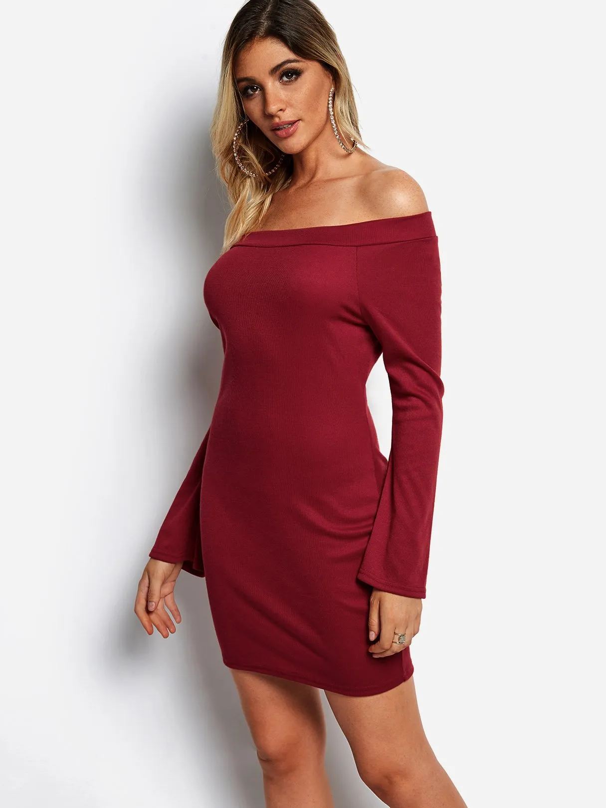 Wholesale Burgundy Off The Shoulder Long Sleeve Plain Bodycon Mini Dresses