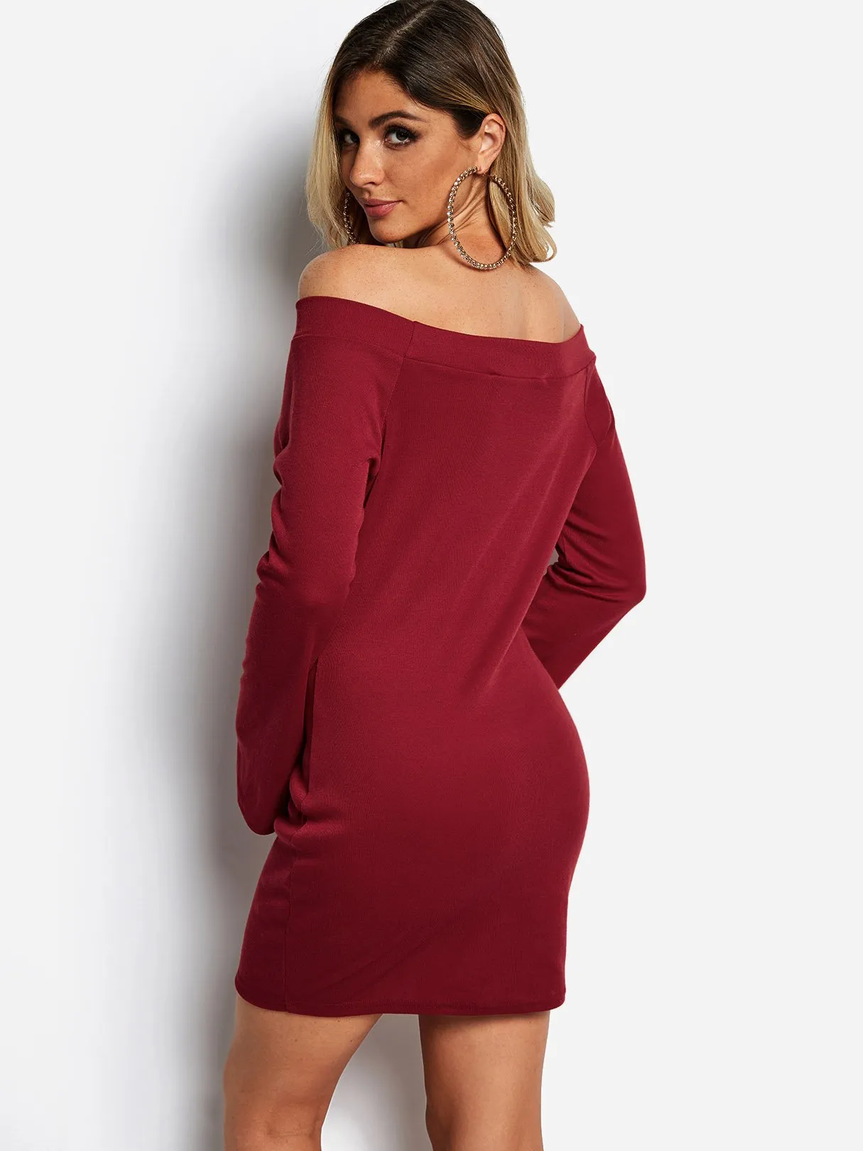 Wholesale Burgundy Off The Shoulder Long Sleeve Plain Bodycon Mini Dresses