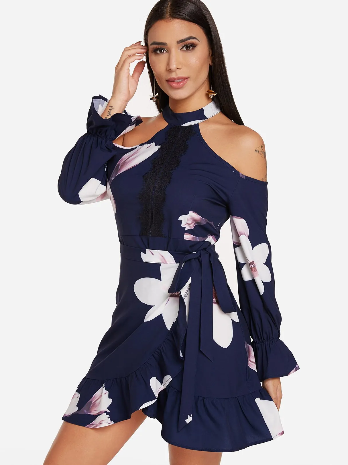 Wholesale Navy Cold Shoulder Long Sleeve Floral Print Self-Tie Mini Dresses