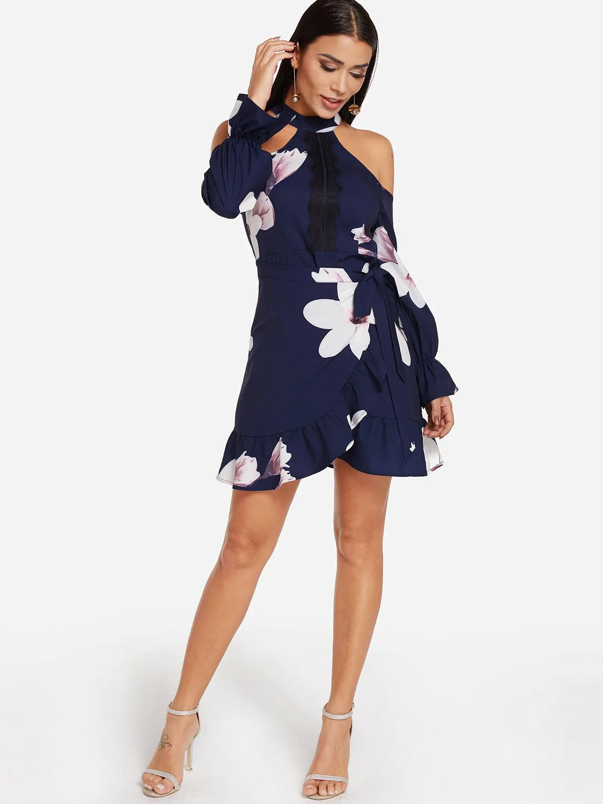 Wholesale Navy Cold Shoulder Long Sleeve Floral Print Self-Tie Mini Dresses