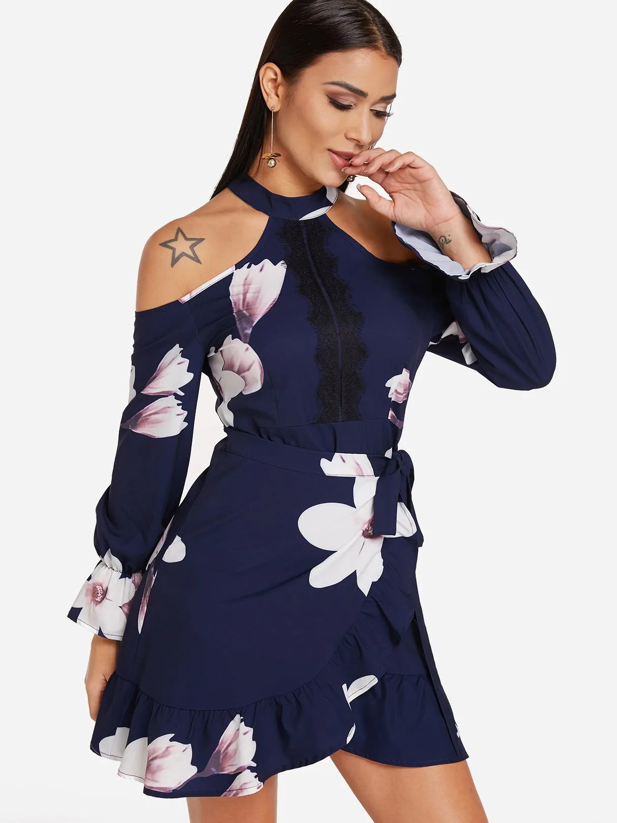 Wholesale Navy Cold Shoulder Long Sleeve Floral Print Self-Tie Mini Dresses