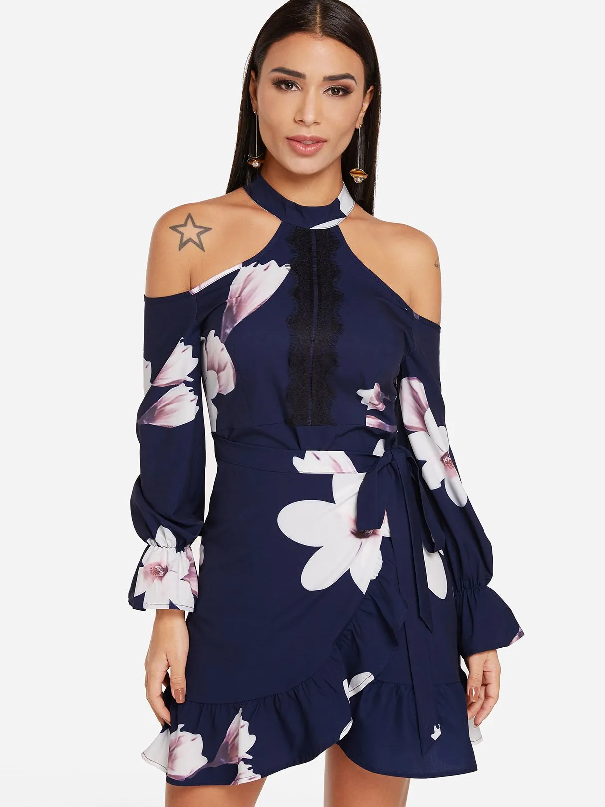 Wholesale Navy Cold Shoulder Long Sleeve Floral Print Self-Tie Mini Dresses