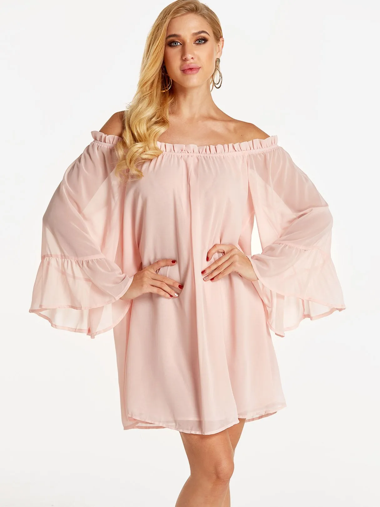 Wholesale Off The Shoulder Long Sleeve Pink Mini Dress