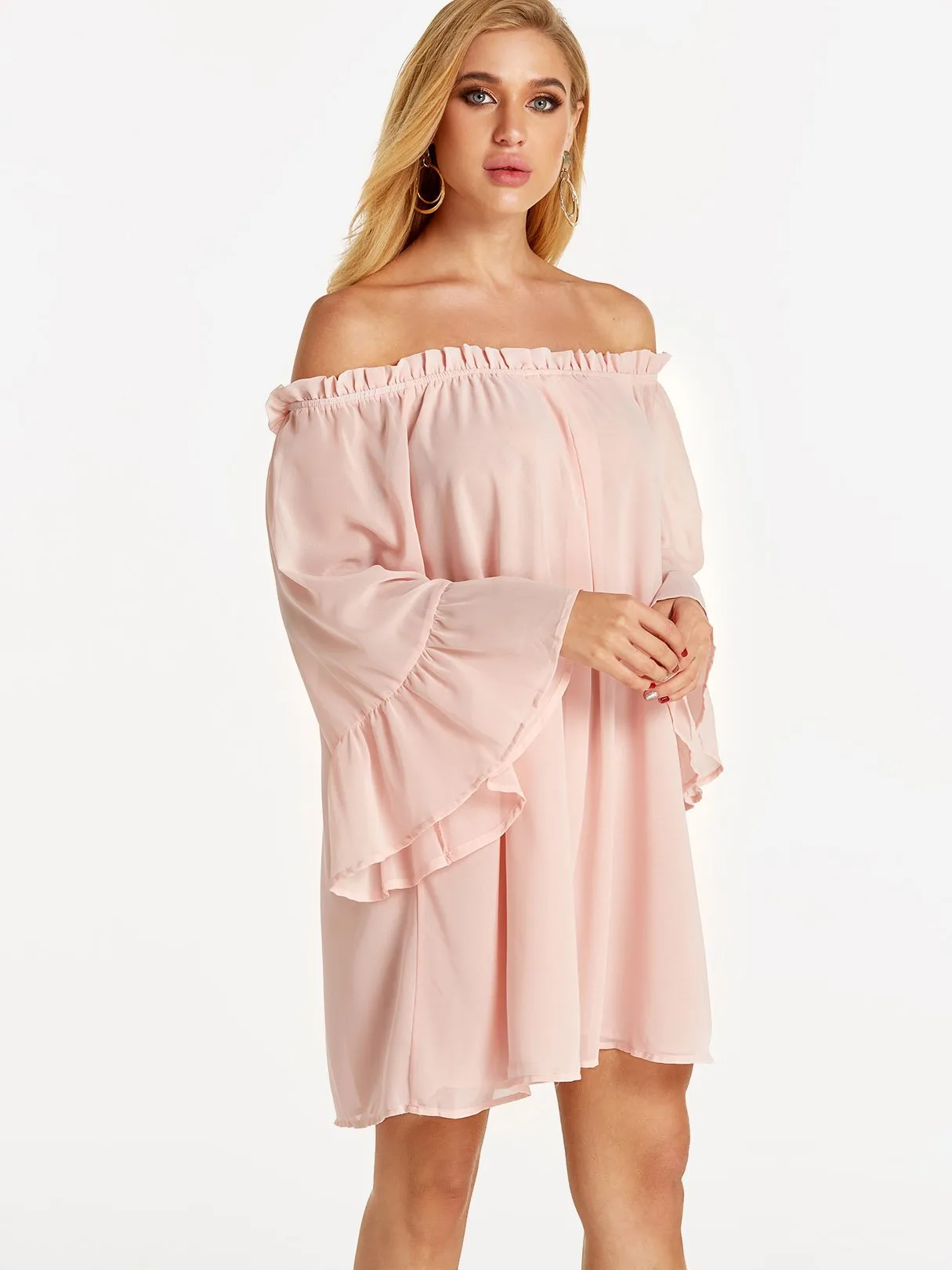 Wholesale Off The Shoulder Long Sleeve Pink Mini Dress