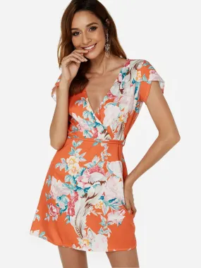 Wholesale Orange Deep V Neck Short Sleeve Floral Print Lace-Up Belt Mini Dresses