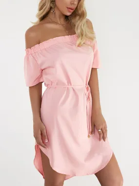 Wholesale Pink Off The Shoulder Short Sleeve Plain Belt Curved Hem Mini Dress