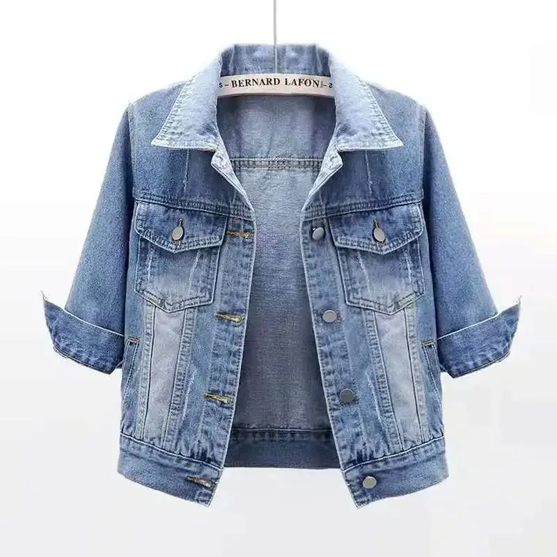 Women Boxy Denim Jacket with 3/4 Sleeves