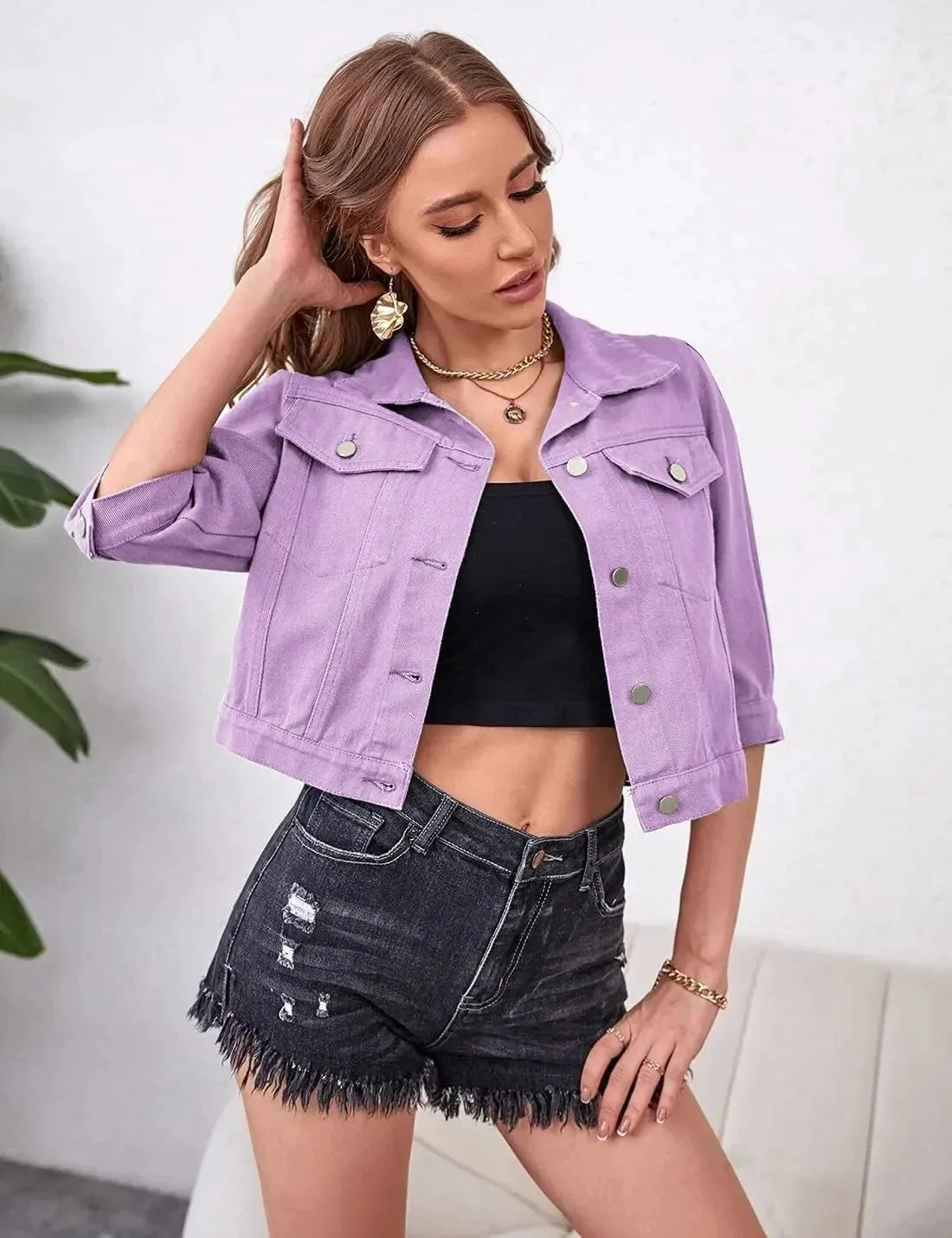 Women Boxy Denim Jacket with 3/4 Sleeves