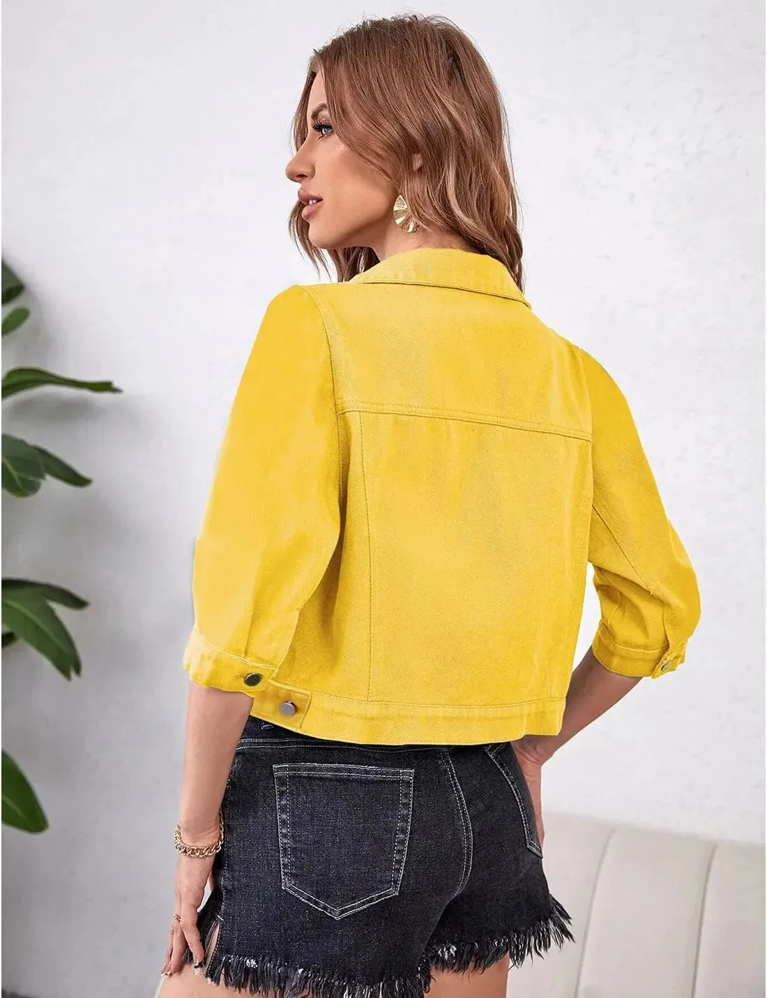 Women Boxy Denim Jacket with 3/4 Sleeves