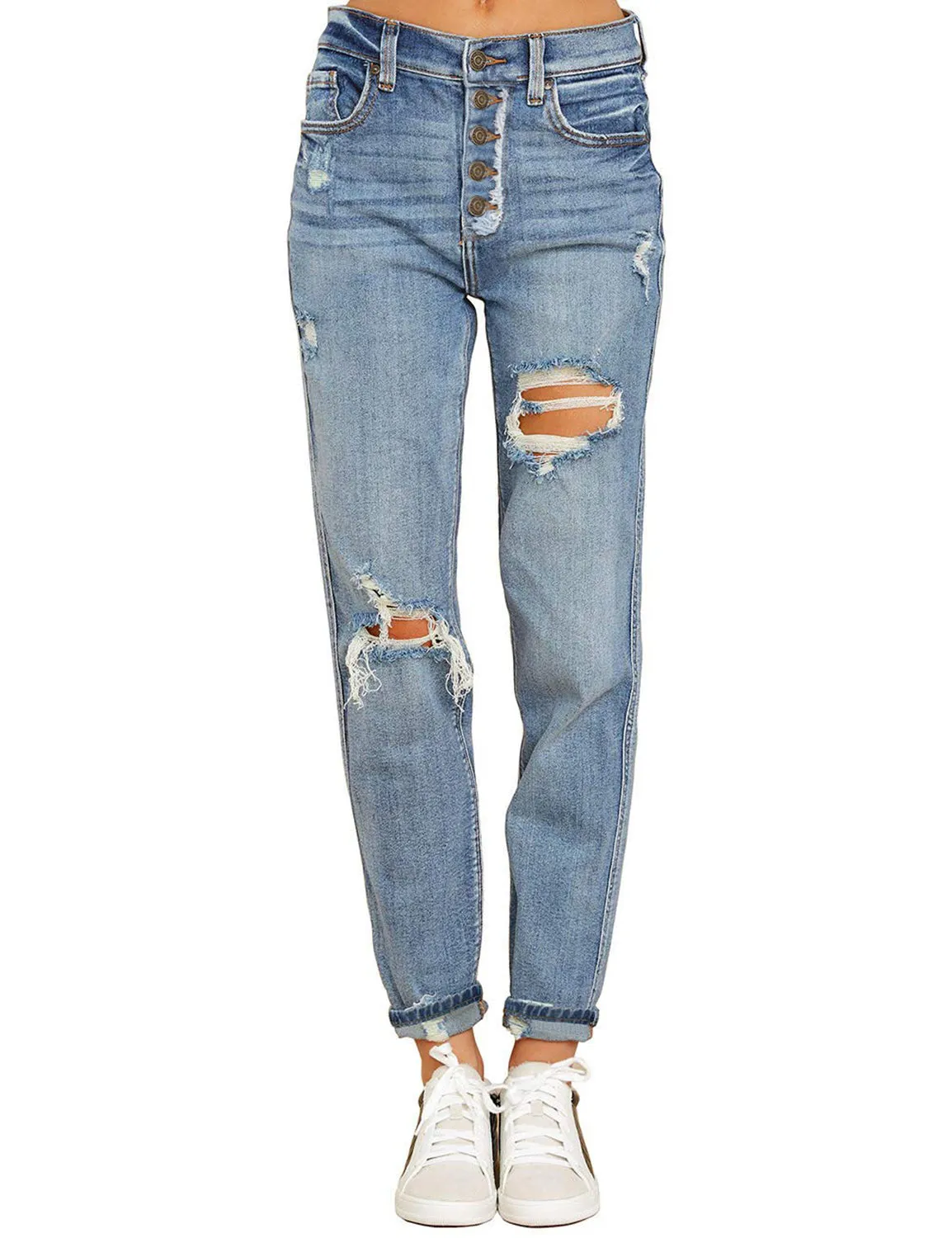 Women's Light Blue Distressed Button-Up Boyfriend Jeans