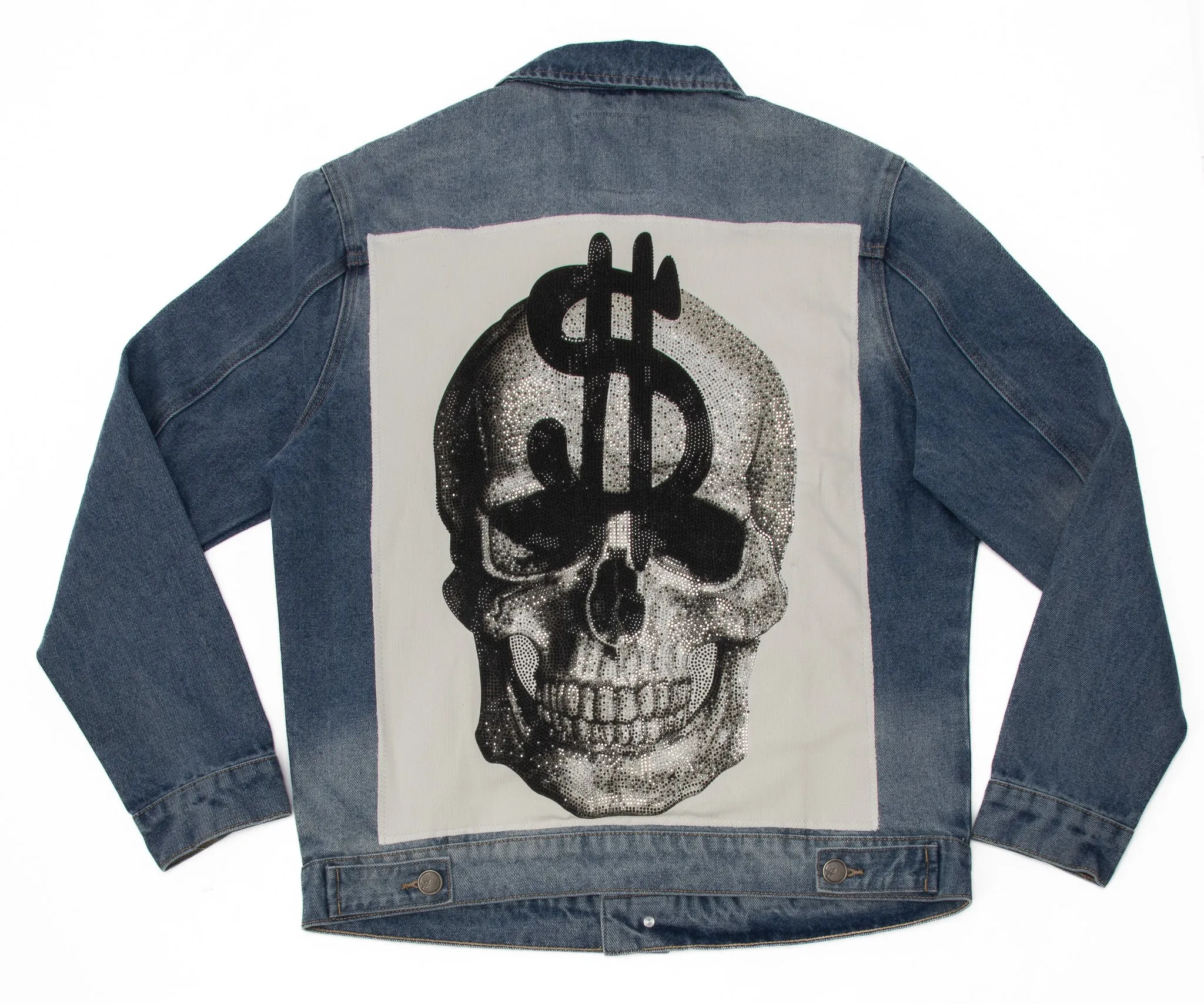 X RAY Men's Limited Edition Denim Jacket With Graphic on the back of Dollar Sign Skull