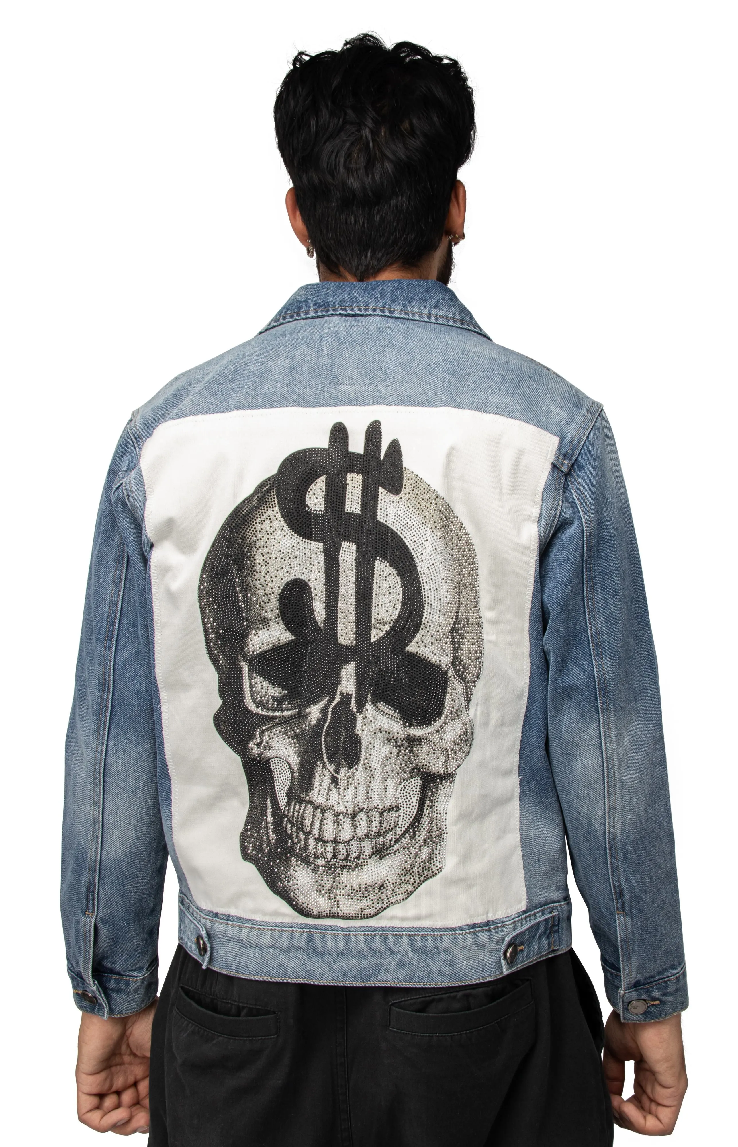 X RAY Men's Limited Edition Denim Jacket With Graphic on the back of Dollar Sign Skull